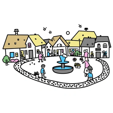 A charming storybook village with cobblestone paths winding through the scene. Quaint houses line the streets, each with unique architectural features such as wooden shutters and thatched roofs. People are seen walking along the paths, engaging in various activities. Some are chatting with neighbors, while others are tending to small gardens or setting up market stalls. A fountain sits at the center of the village square, surrounded by vibrant flowers and benches where villagers gather. The sky is clear, casting warm sunlight over the entire village, enhancing the lively atmosphere.