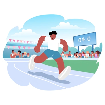 A boy in a white athletic shirt and blue shorts is sprinting on a track during a school sports day event. The boy has short black hair and appears focused on the race. Surrounding the track are colorful flags and cheering spectators in the background. The scene includes a bright blue sky, and the sun casts distinct shadows on the track as he runs. A large scoreboard in the distance displays the event and time.