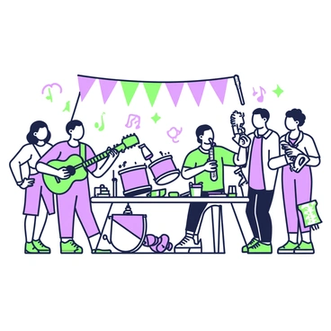 A lively swap event is taking place with musicians gathered around. In the center, one musician is playing a shiny green guitar, while another is testing a purple saxophone. Nearby, a drummer is enthusiastically trying out a purple set of drums, complete with intricate designs. To the side, a flutist holds a silver flute, surrounded by curious onlookers. There are various instruments displayed on tables, including a variety of guitars, brass instruments, and percussion items. Colorful banners hang overhead, creating an energetic atmosphere filled with excitement and collaboration.