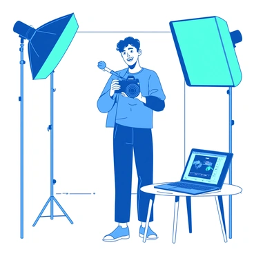 A blue vlogger is standing in front of a white backdrop, holding a camera with both hands. The vlogger has an enthusiastic expression on their face as they look directly at the lens. A white microphone is attached to the camera, and there is a tall white tripod supporting the camera setup. The lighting arrangement consists of two large teal softbox lights positioned on either side of the vlogger, casting bright light on their face. The vlogger's laptop is placed on a small white table beside them, displaying a video editing software interface.