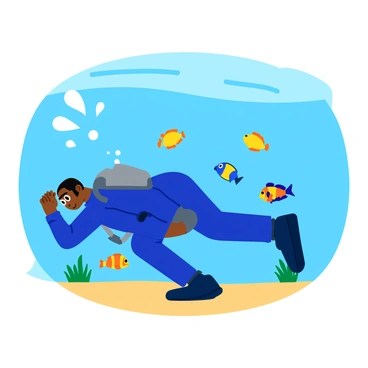 A diver in a bright blue wetsuit is performing a bench press underwater. The diver is positioned horizontally, with arms extended, pushing against an imaginary weight. Colorful fish of various species, including a yellow clownfish and a vibrant blue tang, swim around the diver, creating a lively scene. The underwater light filters through the surface, casting dappled patterns on the sandy ocean floor below. Bubbles escape from the diver's tank, rising to the surface, adding dynamic movement to the image.