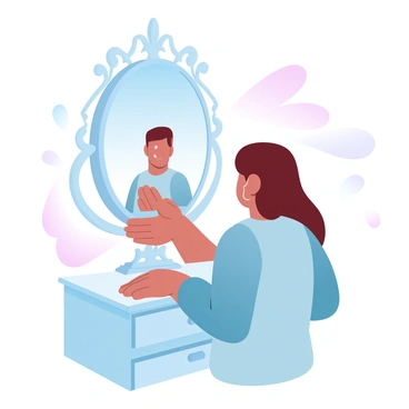 A person is standing in front of a large, ornate mirror. The individual has a contemplative posture, with hands resting on the edge of a vintage dresser. In the reflection, "tears are streaming down" their cheeks, but the face itself is not visible. The background features soft pastel colors that create a soothing atmosphere, enhancing the emotional weight of the moment. The mirror's frame is intricately designed, adding a touch of elegance to the scene.