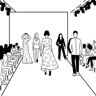 A fashion show taking place in a large, well-lit auditorium. Several models are walking down the runway, showcasing outfits that feature patterns reminiscent of band-aids. Each outfit is designed with various shapes and sizes that mimic the look of band-aids, diligently arranged across the fabric. One model wears a dress with large band-aid graphics, while another sports a suit adorned with smaller, repeated patterns. The audience is seated on both sides of the runway, some taking pictures with their phones. A spotlight highlights the models as they pose at the end of the runway, displaying the unique details of their attire.