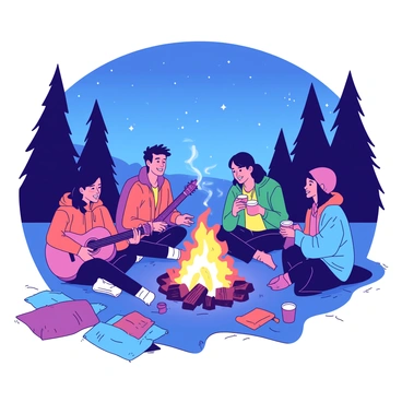 A group of five campers, wearing colorful jackets, is sitting in a circle around a glowing campfire. The fire emits a bright orange light, illuminating their faces as they share stories, with smiles and laughter. One camper is holding a guitar, strumming softly while another leans in, captivated by the tale being told. The night sky above is deep blue, dotted with stars, and the silhouettes of tall pine trees frame the scene, enhancing the sense of togetherness and warmth in the air. Each camper has a steaming mug in hand, and a few scattered sleeping bags are placed nearby.