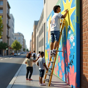 A street artist with medium skin tone and short, curly hair is standing on a ladder, painting a vibrant mural on a large city wall. The mural features an explosion of colors, including bright blues, yellows, and pinks, depicting abstract shapes and elements of nature like flowers and sunshine. The artist is wearing a paint-splattered white t-shirt and denim shorts, with a paintbrush in one hand and a palette of colors in the other. The urban environment includes nearby buildings and a bustling street below, with a few onlookers admiring the artwork.