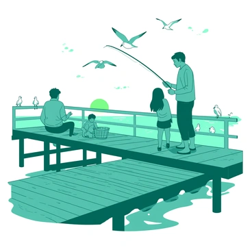 A teal family is fishing together on a weathered wooden pier. The father is standing at the edge of the pier, holding a fishing rod in one hand, while the mother is sitting on a wooden bench with a fishing basket next to her. Two children, a boy and a girl, are kneeling on the pier, intently watching the water. Above them, several white seagulls are flying in the sky, with a few perched on the railing of the pier. The sun is setting in the background, casting a warm glow on the scene.