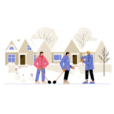 A snowy neighborhood scene with several houses covered in a thick blanket of white snow. Two neighbors, one wearing a bright red scarf and the other in a blue coat, are using shovels to clear snow from their driveways. They are smiling and chatting while they work together. Snowflakes are gently falling from the gray sky, and there are snowmen and small snowdrifts scattered around in the front yards. A few trees stand in the background, their branches heavy with snow, creating a cozy wintry atmosphere.