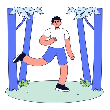 An individual is standing on a grassy area in a forest, performing calf raises. The person is wearing a simple athletic outfit, with a fitted shirt and shorts. Sunlight filters through the leaves of the tall trees surrounding the area, casting dappled shadows on the ground. The individual is lifting their heels off the ground while balancing on the balls of their feet, showcasing their strong calves. The forest is filled with tall trees, and a few ferns are scattered around the base.