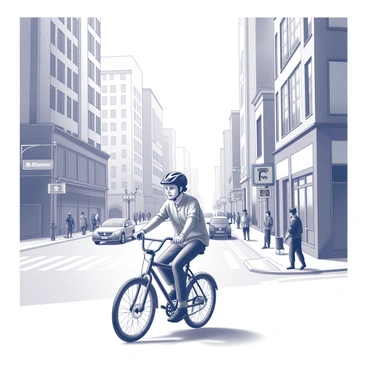 A person riding a bicycle along a busy city street. The cyclist is wearing a helmet and casual clothing, with a focused expression on their face. Tall buildings line the street, some with large windows reflecting the scene. Pedestrians are seen walking along the sidewalks, while a few cars are parked along the curb. Street lamps and traffic signs are positioned throughout the area. The atmosphere conveys a sense of activity and movement as the cyclist enjoys the ride home.