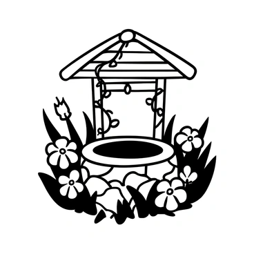 A small wishing well is situated at the center of the image, with a rustic wooden roof above it. The well is adorned with climbing vines that twist around its stone structure. Surrounding the wishing well, there is a ring of blooming flowers, each with distinct petals and shapes, creating a vibrant display. The flowers vary in sizes and are arranged in a circular pattern, with some stretching towards the sky, while others lean gracefully towards the well. The scene is filled with intricate details of the flowers' leaves and stems, enhancing the overall composition.