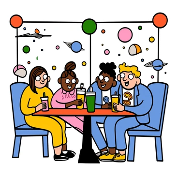 A group of four teenagers is gathered at a table in a café with a 1960s space-age theme and modern decor. Two light-skinned girls with big eyes are sitting on one side of the table. One girl has long straight hair and is wearing a bright yellow dress, while the other has short curly hair and is wearing a pink top with a swirling pattern. On the opposite side, a dark-skinned boy with big eyes is wearing a retro-style blue jacket and jeans, sharing a laugh with his friend, a light-skinned boy with big eyes and spiky hair in a graphic t-shirt. The café features futuristic furniture, colorful circular light fixtures, and wall art depicting planets and stars. They are enjoying milkshakes and snacks while surrounded by a lively atmosphere of conversation and laughter.