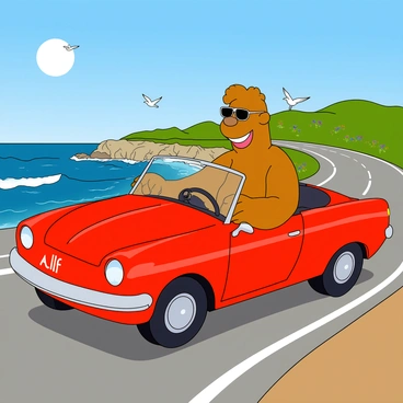 A tall, furry alien named "ALF" with a brown and tan complexion is sitting in the driver's seat of a bright red convertible. The car has a shiny exterior and is cruising along a winding coastal road. The ocean is visible on one side, with waves crashing against the rocky shore, and seagulls flying overhead. The sun is shining brightly in a clear blue sky, and there are a few fluffy white clouds scattered. In the background, there are green hills dotted with colorful wildflowers, completing the scenic view. ALF is smiling widely, with his hands on the steering wheel and sunglasses perched on his nose.