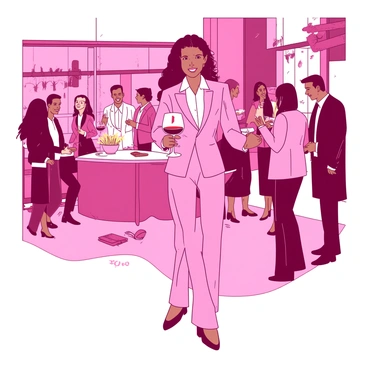 A pink working girl in a tailored suit is mingling with a diverse group of people at an evening networking event. She holds a clear glass of red wine in her right hand. In the background, there are elegantly dressed individuals engaged in conversation, some laughing while others are exchanging business cards. Soft, ambient lighting casts a warm glow over the scene, highlighting the interactions and lively atmosphere. Tables adorned with small centerpieces are scattered around, and a stylish bar is visible in the distance.