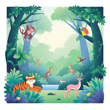 A lush jungle scene filled with dense green foliage, featuring large, broad-leaved plants and towering trees with intertwining vines. Various animals inhabit the scene, including a playful monkey swinging from a branch, a bright orange tiger resting near a small clearing, and a colorful parrot perched on a nearby tree. A group of slender, spotted deer is visible in the background, grazing peacefully. Sunlight filters through the thick canopy, casting dappled patterns on the forest floor, which is carpeted with vibrant ferns and scattered flowers. The atmosphere is alive with the sounds of nature, completing the lively jungle environment.