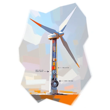 A detailed diagram illustrating the internal structure of a wind turbine. The turbine features a tall, cylindrical tower with three large blades mounted on a rotor at the top. Inside the tower, there is a gearbox, generator, and control system, all labeled clearly. The base of the tower connects to a concrete foundation, while the blades are shown in a position ready to capture wind. The diagram includes arrows indicating the direction of wind flow and energy conversion processes. Additional annotations describe the function of each component within the turbine.