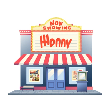 An old-fashioned cinema building with a red and white striped awning stands prominently in the scene. In front of the cinema, a large, bright marquee sign displays the words "Now Showing" in bold, illuminated letters. The marquee is adorned with a decorative border of twinkling lights. Vintage-style posters are visible on the walls of the cinema, showcasing classic films. The entrance features an ornate double door with glass panels, and a small ticket booth is located to the side. The surrounding area includes a cobblestone sidewalk and a few scattered benches.