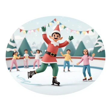 A cheerful elf, wearing a bright red and green costume with pointy ears and a festive hat, is skating around an ice rink. The elf has a big, friendly smile, and sparkling eyes filled with joy. Surrounding the elf are colorful holiday decorations, including twinkling lights and garlands. The elf's arms are raised in excitement as they glide gracefully on the ice, leaving a trail behind. Children and families can be seen enjoying the rink in the background, with some waving and smiling at the elf. Snowflakes gently fall from the sky, adding to the festive atmosphere.