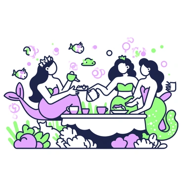 A group of three mermaids is gathered around a coral table at the bottom of the ocean. The first mermaid has long, flowing hair and is wearing a seashell tiara. She is pouring tea from a delicate teapot into vibrant cups. The second mermaid is laughing, her sparkling tail cascading behind her as she reaches for a plate of seaweed sandwiches. The third mermaid, with her hair adorned with small starfish, is holding a cup and listening intently. Around them, colorful fish swim by, and coral formations provide a natural backdrop. Bubbles rise gently from their tea party, creating a whimsical atmosphere.