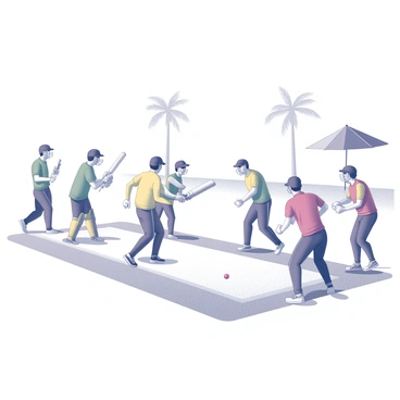 Several players are actively participating in a beach cricket game. They are dressed in bright, colorful sportswear, with a mix of designs and patterns. The players are positioned on a sandy beach, with some standing ready to bat, while others are in motion, preparing to bowl or field. There is a cricket bat held by one player, and a cricket ball is visible in the air, indicating an active play. Palm trees and beach umbrellas can be seen in the background, completing the scene.