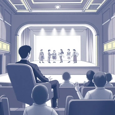 Ayanokoji is seated in a plush velvet chair within a grand theater. The theater features ornate decorations with intricate molding on the ceiling and gilded detailing throughout the interior. Ayanokoji has an attentive expression as he watches the stage, which is illuminated by brilliant spotlights. The performers are dressed in elaborate costumes, showcasing their talents as they dance and sing. In the foreground, the audience is captivated, with some individuals clapping and others leaning forward in their seats. The stage backdrop includes dramatic curtains and props that enhance the live performance atmosphere.
