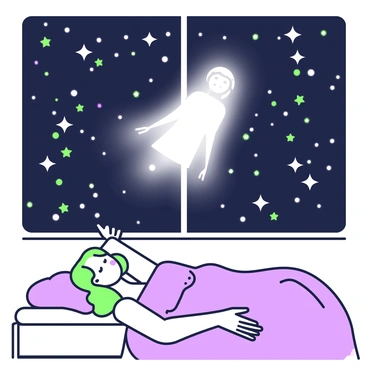 A person is lying flat on their back on a comfortable bed, with their eyes closed and a serene expression on their face. The room is dimly lit, filled with countless stars twinkling in the dark night sky, visible through a large window above. Above the person, a translucent spirit form is gently floating, resembling a soft outline of their body in a light, ethereal style. The spirit form captures the essence of the individual, with subtle details like flowing hair and a peaceful demeanor. The bed has a cozy blanket tucked neatly at the sides, and the soft glow of the stars casts a delicate light around the room.