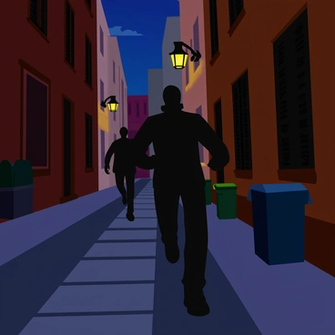 A shadowy figure runs swiftly through narrow city streets, their form partially obscured by the darkness of the night. The cobblestone pavement reflects the dim light from nearby street lamps, creating a contrast between the illuminated areas and the darkened corners. Buildings with brick facades rise on either side, their windows framed in old wooden shutters that cast long shadows. A pursuing figure, dressed in a sleek outfit, races after the shadowy figure, determination evident in their posture. Trash cans and scattered debris line the streets, adding to the sense of urgency in the scene.