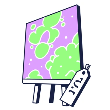 A large canvas stands upright, displaying a vibrant painting filled with abstract shapes and swirling patterns. The colors blend seamlessly, creating a dynamic composition that draws the eye. In the bottom right corner, there is a prominent price tag attached to the canvas. The price tag is bold and clearly visible, featuring a string that loops through the top and hangs down. The edges of the canvas are neatly framed, completing the piece.