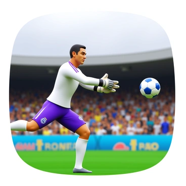 A Real Madrid goalkeeper in a white and purple uniform, wearing gloves and a black jersey, is diving to the right to make a spectacular save. The goalkeeper's face shows intense focus as the ball approaches. The background features a blurred soccer field, with a crowd of fans in the stands, some standing and cheering. The sky above is overcast, giving the scene a dramatic atmosphere. The ball is caught just inches from the ground, showcasing the agility and skill of the goalkeeper during a tense moment in the match.