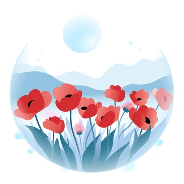 A field of vibrant red poppies is illuminated by the light of a full moon shining bright in the night sky. The poppies are standing tall, their delicate petals gently swaying in the breeze. In the background, the silhouette of distant hills can be seen under the moonlight. The scene is filled with a soft glow, creating a contrast between the bright flowers and the dark landscape surrounding them. A gentle mist hovers above the ground, enhancing the ethereal quality of the scene.