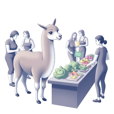 A llama standing among various stalls at a farmers' market. The llama has a light brown and white fur coat, with large expressive eyes and long eyelashes. It is curiously leaning forward, utilizing its long neck to inspect fresh vegetables and fruits displayed on a wooden table. The table is filled with an assortment of produce such as tomatoes, carrots, and leafy greens, arranged neatly. Surrounding the llama are vendors and customers engaged in lively conversation, adding to the bustling atmosphere of the market. A few colorful signs can be seen indicating the prices of the produce.