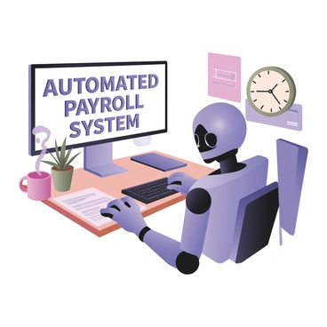 A robot is positioned at a desk, focused on typing on a computer. The computer screen prominently displays the words "Automated Payroll System" in large, clear font. The robot has a sleek metallic body with articulated arms, and its fingers are poised above the keyboard. The desk is cluttered with papers and a small plant in a pot. There is a coffee mug on the corner of the desk, with steam rising from it, indicating warmth. The background features a wall with abstract art and a clock showing the time.