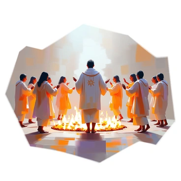 A prophet standing at the center of an ancient ritual ceremony, dressed in flowing robes adorned with intricate symbols. Surrounding the prophet are several figures, engaged in rhythmic chants and energetic dance, each wearing traditional attire that reflects their cultural significance. The scene captures the movement of their bodies, with arms raised and feet gracefully stepping in unison. The background features a circle of flickering torches lighting the gathering, casting shadows that dance along the ground. The atmosphere is filled with a sense of reverence and unity as the participants connect to the spiritual energy of the moment.