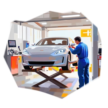 A technician with short dark hair and wearing a blue jumpsuit is focused on performing a brake test on a sleek, silver sedan. The car is positioned on a hydraulic lift in a modern garage, with bright overhead lights illuminating the space. Various tools and equipment are neatly organized on a workbench nearby, including wrenches and diagnostic devices. The technician is seen sitting in the driver's seat, applying the brakes while checking the car’s dashboard instruments. The garage has large windows allowing natural light to filter in, creating a clean, efficient working environment.