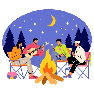 A group of four people sitting together around a bright orange campfire. They are positioned on colorful camping chairs, with one person playing an acoustic guitar. The others are roasting marshmallows on long sticks. Above them, a clear night sky filled with numerous sparkling stars and a glowing crescent moon. The silhouette of trees can be seen in the background, creating a cozy atmosphere. A few blankets are draped over the chairs, adding to the warmth of the scene.
