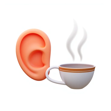 A human ear curiously holding a cup of tea, with steam rising in the air.