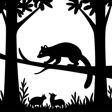 A pine marten crouching low on a branch, its body poised and tense, ready to spring. The marten's sleek fur is detailed, showcasing its agile form as it surveys the ground below. The soft light of dawn illuminates the surrounding forest, revealing silhouettes of trees and underbrush. A small creature, slightly blurred, is near the base of the tree, unaware of the impending ambush. Delicate rays of light filter through the leaves, creating a play of shadows on the forest floor.