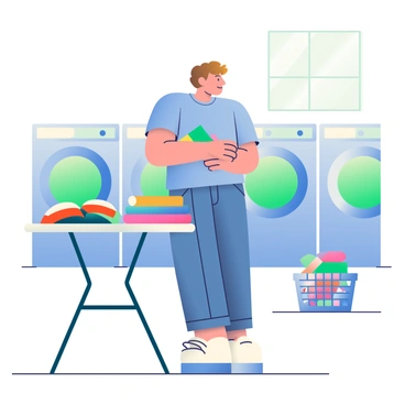 A person with light brown hair is folding clothes in a laundromat. They are wearing a blue t-shirt and denim jeans. The foldable table in front of them is covered with colorful, neatly stacked clothes. Their gaze is directed away from the task, suggesting a moment of distraction. A row of washing machines with bright blue and green doors is in the background, and a large window lets in natural light, illuminating the space inside the laundromat. A small stack of laundry baskets is positioned to the side, filled with freshly cleaned clothes.