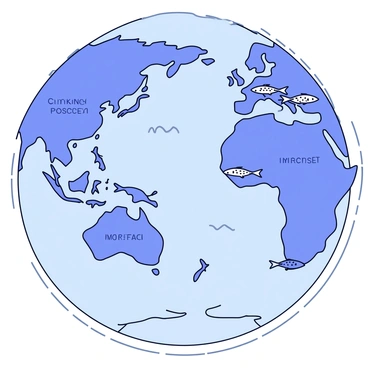 An illustrated map depicting the various habitats of mackerel across different oceans. The map features blue waves to represent the ocean, with labeled areas indicating the Atlantic, Pacific, and Indian Oceans. Small illustrations of mackerel fish are positioned in their respective habitats, such as schools of mackerel swimming near coral reefs or in open water. Dotted lines connect different regions to show migratory patterns. Each ocean section contains a light-colored border with a key that identifies habitat types, such as "coastal" and "open sea."