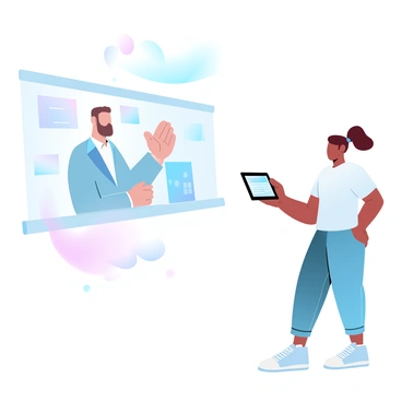 A futuristic holographic sales agent is projected in mid-air, showcasing vivid, gradient pastel colors. The agent appears with sleek, modern attire and is composed of luminous displays that fluctuate in color. In front of the agent stands a customer, who is holding a tablet that displays an interactive interface. The customer is dressed in casual, modern clothing and is engaged in conversation with the holographic figure. The background features abstract shapes that enhance the high-tech atmosphere.