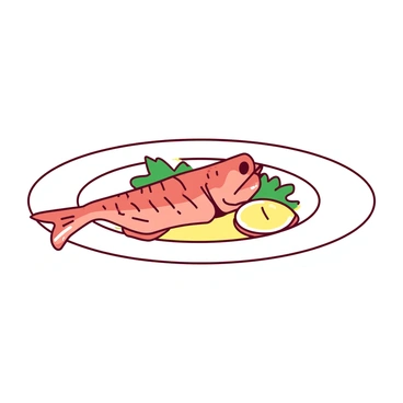 A white dinner plate is centered in the foreground, showcasing a small, grilled fish placed delicately on it. The fish is garnished with a sprig of parsley and a slice of lemon next to it. The plate is surrounded by a vast empty space, emphasizing the isolation of the dish. The background is a gradient that contrasts the plate, enhancing its visibility and drawing attention to the singular focal point.