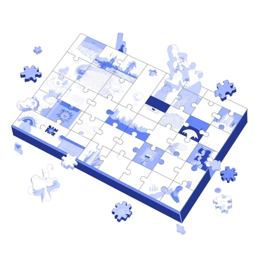 A large puzzle is spread out on a wooden table, featuring an array of pieces that display various illustrations. Some puzzle pieces depict vibrant landscapes, while others show intricate patterns or characters. Several hands are visible, carefully placing individual pieces into their correct positions. The scene captures the moment of concentration as each piece is rotated and examined for the perfect fit. A few completed sections are already visible, showcasing a cohesive image forming from the assembled pieces.
