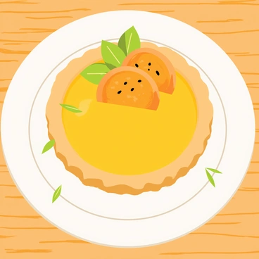 A round passion fruit tart with a golden-brown crust sits on a white plate. The tart is filled with a smooth, bright yellow passion fruit filling, glistening under the light. Slices of fresh passion fruit are arranged artfully on top of the tart, showcasing their vibrant orange color and the contrasting black seeds. Small, fresh mint leaves are scattered around the tart, adding a pop of green for decoration. The background is a simple wooden tabletop, enhancing the focus on the tart.