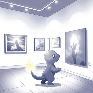 A Charmander stands on its hind legs in a brightly lit art gallery. The creature's tail flickers with a small flame, providing a warm glow in the otherwise bright environment. Various art pieces can be seen on the walls around it, showcasing different styles and subjects. The gallery has polished wooden floors and tall, white walls with minimal decorations, allowing the art to take center stage. The Charmander tilts its head, curiously gazing at a large canvas that depicts an abstract scene. Small spotlights above the artworks illuminate each piece, creating a vibrant atmosphere.