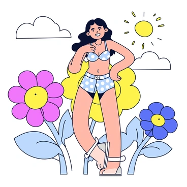 A pin-up girl with long wavy hair, wearing a polka dot bikini, stands confidently with a playful expression. She has one hand on her hip and the other gently touching a flower. Surrounding her are oversized flowers in vibrant colors, such as red, yellow, and blue, with cartoonish petals and exaggerated features. The background features a light, whimsical sky with fluffy clouds and a hint of sunlight breaking through. The overall composition is bright and cheerful, emphasizing the playful nature of the scene.