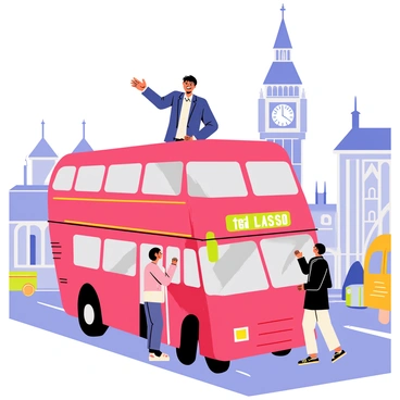 A red double-decker bus is driving through a busy London street, showcasing its iconic design with large windows and a bright red exterior. On the top deck, "Ted Lasso" is standing, wearing a navy jacket and a friendly smile. He is waving enthusiastically to pedestrians below, with a backdrop of classic London architecture and the famous Big Ben clock tower visible in the distance. The scene captures the lively atmosphere of the city, with other vehicles and people bustling around.