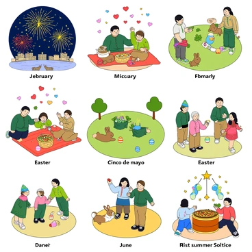 A playful illustration showcasing various holiday traditions throughout the year. In January, there is a vibrant New Year's celebration with fireworks lighting up a night sky, people wearing party hats, and confetti falling. February features a cozy scene of a couple enjoying a Valentine's Day picnic, surrounded by heart-shaped balloons and a basket filled with treats. March depicts a cheerful St. Patrick's Day gathering, complete with people wearing green attire, shamrocks, and a festive parade with colorful floats. 

April highlights Easter festivities with children joyfully searching for brightly colored eggs in a sunny park while a bunny hops nearby. May presents a lively scene for Cinco de Mayo, showcasing people dancing and wearing traditional clothing with vibrant decorations and a feast of colorful dishes. June illustrates a joyful summer solstice celebration with families gathered around a barbecue, enjoying tasty food and games.