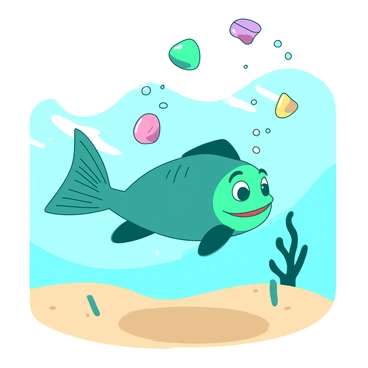 A teal cartoon clownfish with an exaggerated smile is swimming gracefully underwater. The clownfish is positioned in the center of the image, surrounded by various colorful pebbles that are in mid-air, as it juggles them with its fins. The bubbles rising from the clownfish create a dynamic effect, adding to the playful scene. Sunlight filters through the water, casting gentle patterns on the sandy ocean floor below.