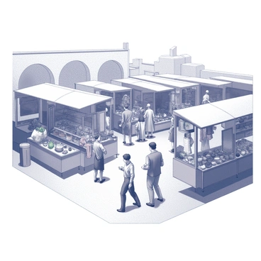 A vibrant ancient marketplace filled with numerous stalls and vendors. Each stall is adorned with various goods, such as fruits, textiles, and pottery, arranged neatly for display. People are engaged in lively conversation, with some haggling over prices while others are holding items, contemplating their purchases. In the background, there are stone structures hinting at a historical architecture, while shoppers weave through the crowd, creating a sense of movement and interaction throughout the scene.