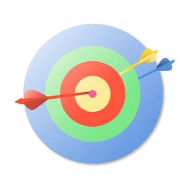 A large circular sales target is displayed prominently in the center. The target is divided into multiple colorful sections, with bright red, yellow, green, and blue segments radiating outwards. Several darts are flying towards the target, each with distinct colors: one is red, another is yellow, and a third is blue. The red dart is striking the "bullseye," which is a small circle at the center of the target. The scene conveys a sense of precision, with the darts in various stages of motion, and the bright colors make the target eye-catching.