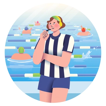 A water polo referee with light skin and short brown hair is standing at the edge of a swimming pool. She is wearing a white and black striped referee uniform and holding a black whistle to her lips. The pool is filled with clear blue water, and there are floating lane markers visible in the water. In the background, several water polo players in colorful caps are engaged in a match, splashing water around. The sun is shining brightly, creating reflections on the surface of the pool.
